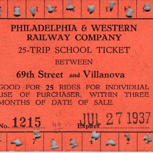 1937 Philadelphia & Western Eisenbahn Co 25-Trip Schulkarte AD8-RS1