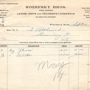Rozefsky Bros Ropa Worcester 1923 Original Billhead Membrete Recibo D8-LL