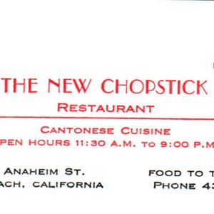 O novo restaurante chinês Chopstick Long Beach CA Cartão de visita vintage SE3-B6