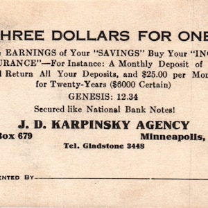 J.D. Karpinsky Society Minneapolis MN Werbe-Visitenkarte AB9