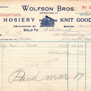 Wolfson Bros Hosiery Boston 1923 Recibo original con membrete D8-LL