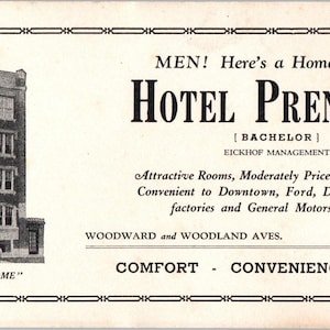 Hotel Prenford DetroitMichigan Antique Löschpapier Karte AD8-R2