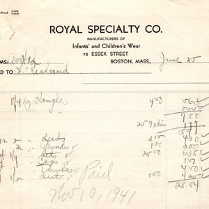 Royal Specialty Co Child's Wear Boston 1941 Original Billhead Membrete D8