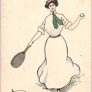 Viktorianische Frau beim Tennis spielen 1907 - Original Postkarte TJ7-RP1