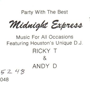 Midnight Express DJ Ricky T und Andy D Houston TX Vintage Visitenkarte SD8-B12