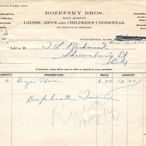 Rozefsky Bros Mill Agents Worcester MA 1924 Original Billhead Membrete D7