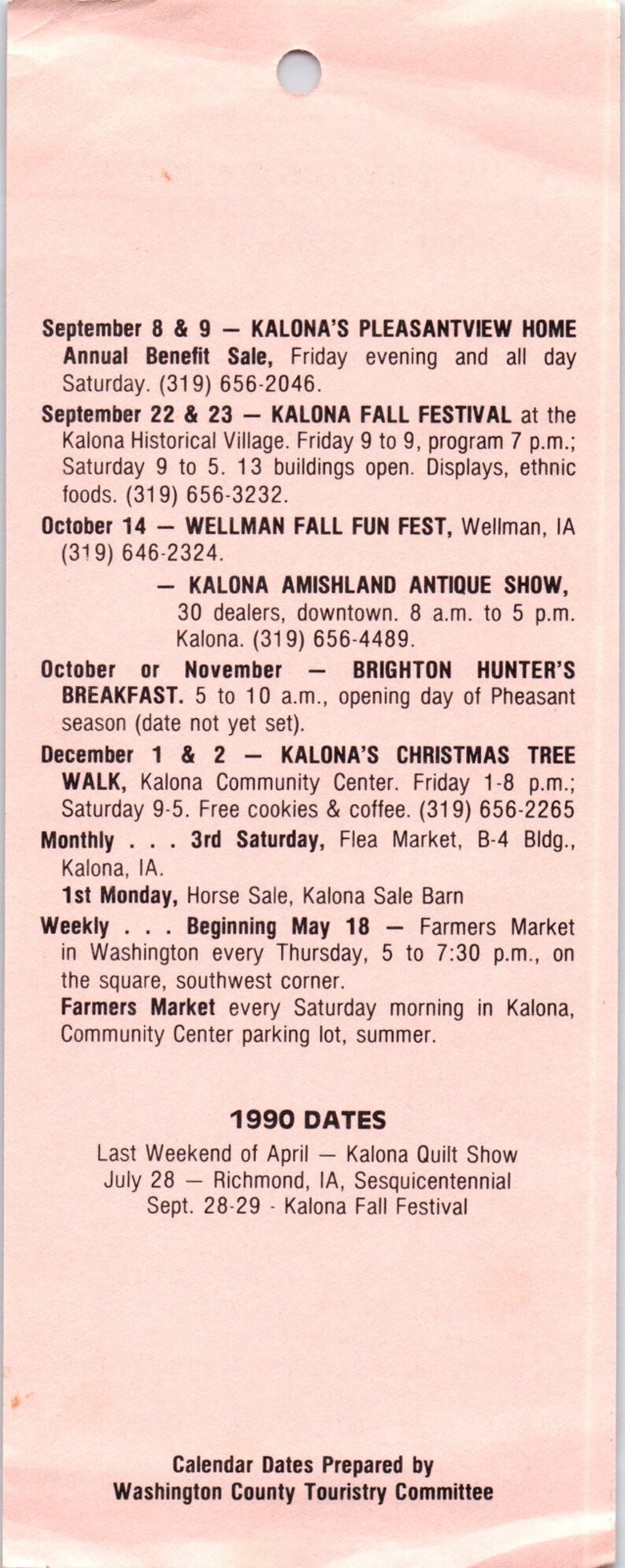 1989 Washington County Iowa Calendar of Events Travel Tourist Leaflet