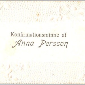 Vintage Anna Persson Konfirmations Minne af cartão telefônico sueco em relevo AE2