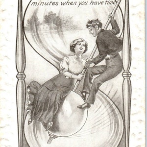 Ilustracja klepsydry z romansu wiktoriańskiego z 1910 r. Oryginalna pocztówka TK1-21