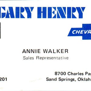 Annie Walker Gary Henry Chevrolet Sand Springs OK Cartão de visita vintage SE3-B7