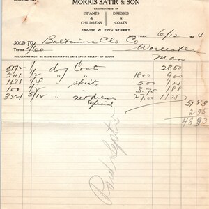 Morris Satir & Son Clothing NY 1924 Recibo con membrete original Billhead D8-LL