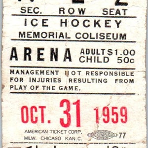 31 de octubre de 1959 Memorial Coliseum Fort Wayne Komets Talón del juego de hockey sobre hielo AB9