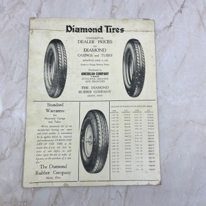 Cartão de preços do revendedor de pneus de diamante 1930 The Diamond Rubber Co Akron OH TF5-L2