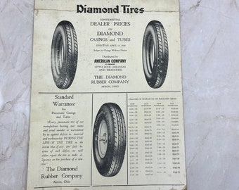 1930 Diamond Tires Dealer Price Card The Diamond Rubber Co Akron OH TF5-L2