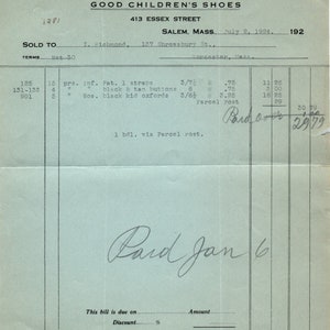 Chas. Spiegel Shoes Salem MA 1924 Original Billhead Membrete Recibo D8