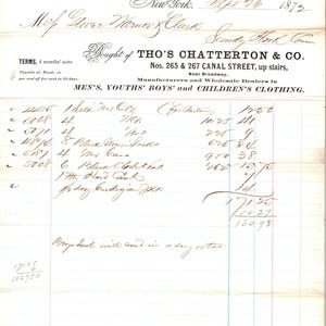 1872 Tho's Chatterton & Co Ropa Canal St. NY Recibo Membrete D24