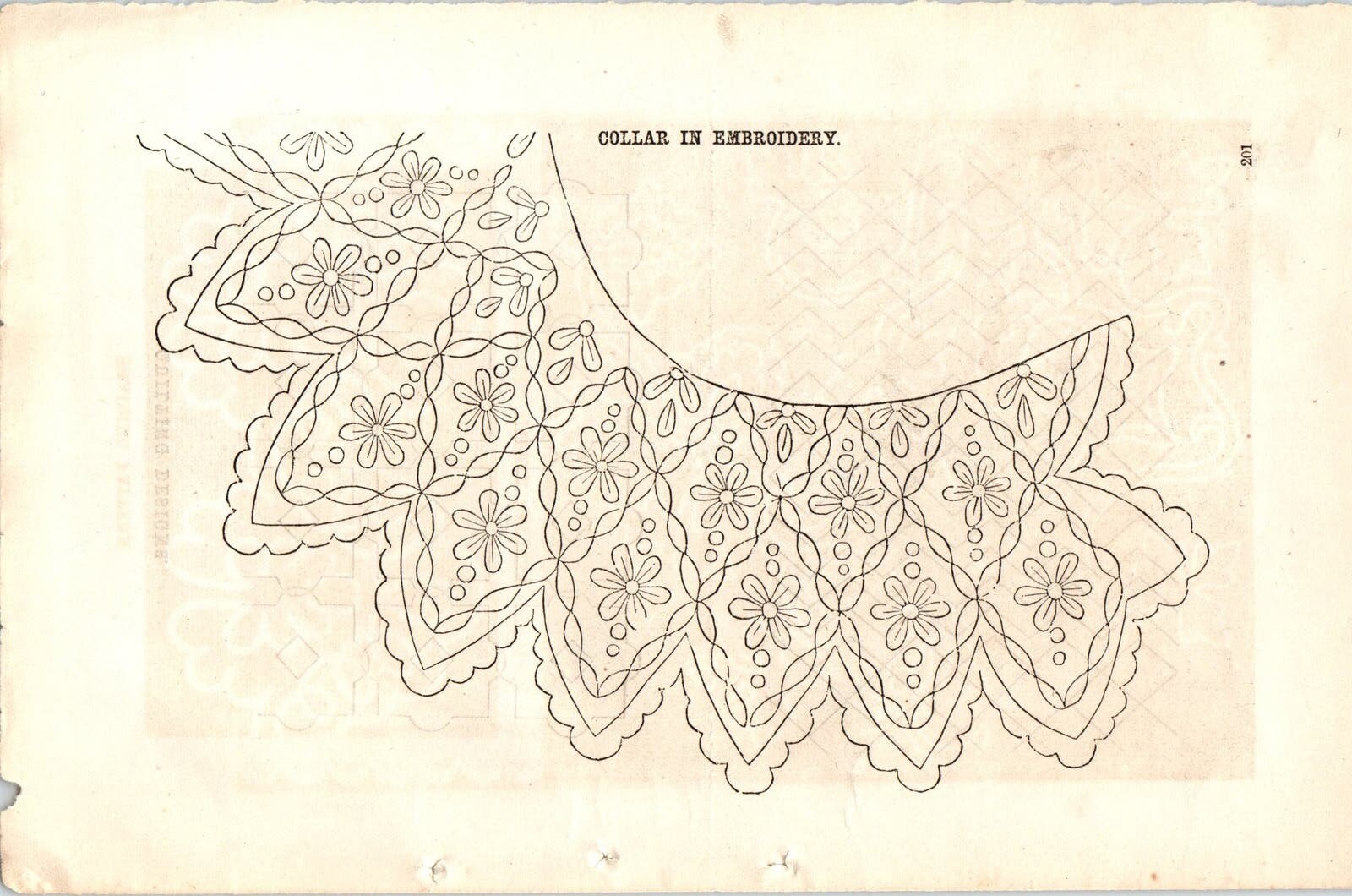 1861 Original Collar Embroidery Pattern Engraving Print Godey's Lady's Book D4-1