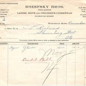 Rozefsky Bros Mill Agents Worcester MA 1925 Original Billhead Membrete D5