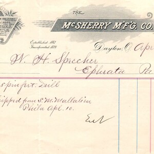 1893 The McSherry Mfg Co Dayton OH Membrete Billhead Recibo D11