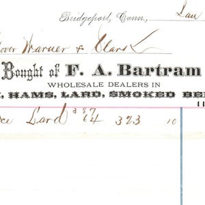 1874 F.A. Bartram & Co Meats Bridgeport CT recibo membrete D24