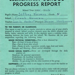 1955-56 Escuelas de la ciudad de Fresno Boleta de calificaciones de Fresno CA Jeffrey Kormos Grado 4 AB9