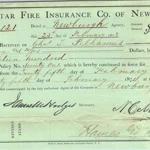 1873 Star Fire Ins Co de NY Recibo con membrete Newburgh Chas J Pelhamus AF2-A3