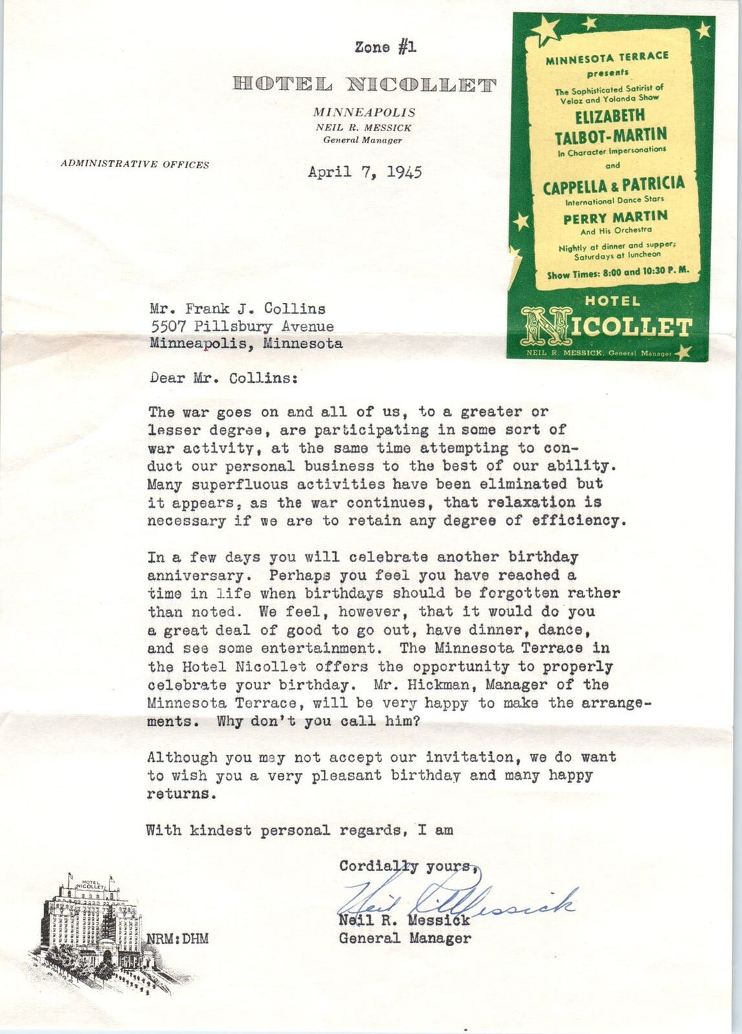 1945 Hotel Nicollet Letterhead Elizabeth Talbot-martin Minneapolis MN ...