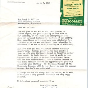 1945- Hotel Cocollet Briefkopf Elizabeth Talbot-Martin Minneapolis MN D9