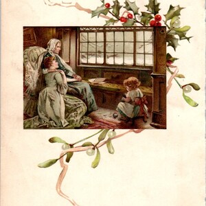 1800 Farbgravur Mutter & Kinder Am Fenster Verschneiter Tag 12.5x16.5cm AB9