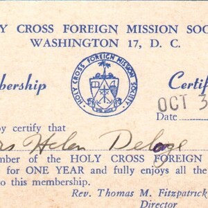 Tessera associativa AE2 della Holy Cross Foreign Mission Society del 1945 a Washington DC
