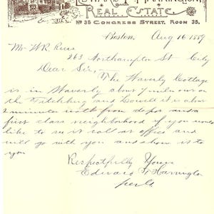 1889 Edward T Harrington Real Estate Memorando con membrete Boston MA AF4-2