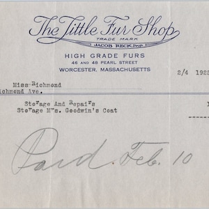 The Little Fur Shop Worcester MA 1925 Recibo original con membrete D8-LL