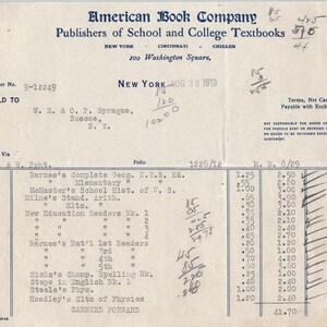 American Book Company Libros de texto 1913 Recibo original con membrete D8-LL