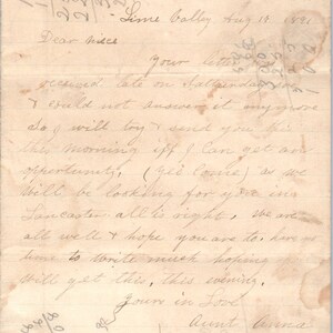 1891 Carta manuscrita Lime Valley Condado de Lancaster Pensilvania D21