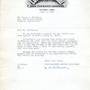 1938 Luterano Mutual Waverly Iowa AL Bruns Carta intestata Memo D20