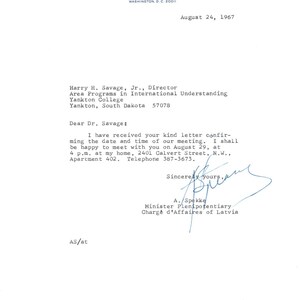Memorándum membretado del Ministro de la Legación de Letonia, A. Spekke, agosto de 1967 TK1-P4