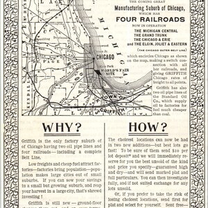 Stad Griffith Kaart van kavels Chicago Voorstad Jay Dwiggins ca1890 Victoriaanse advertentie D11