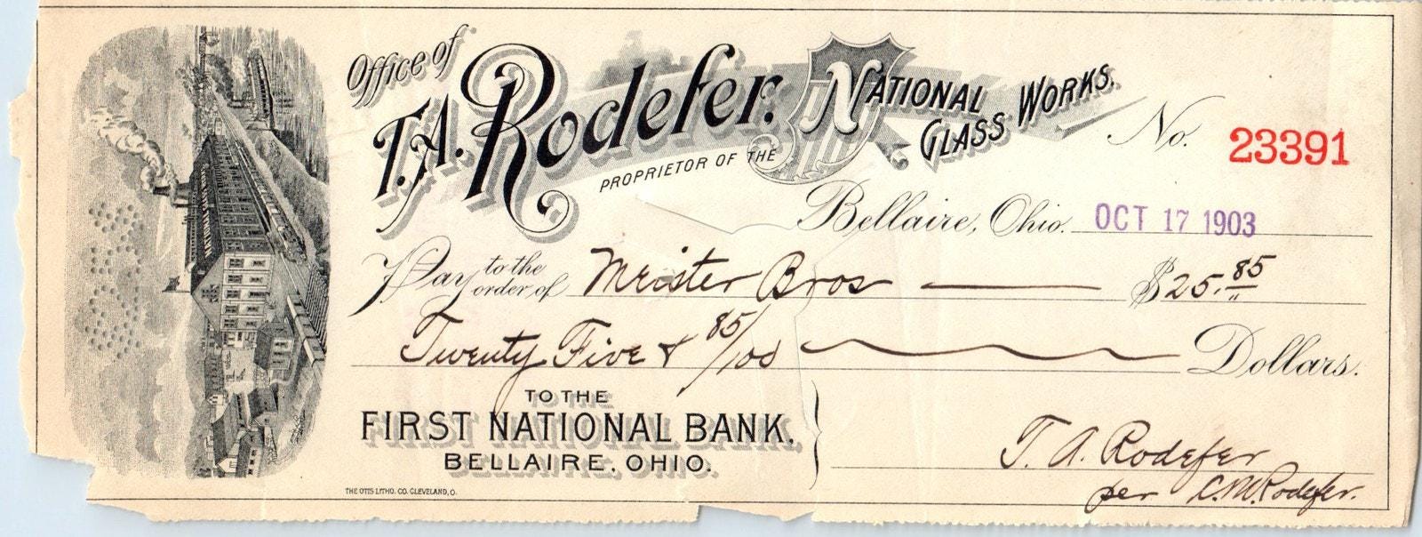 1903 T.A. Rodefer National Glass Works Bellaire Ohio Bank Check AD8-R4 ...