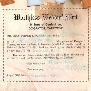 1958 Certificado de matrimonio sin valor Weddin Writ Dogpatch CA Humor Spoof AB9