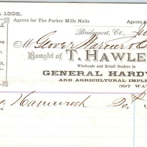 1879 T. Hawley & Co General Hardware Bridgeport CT Recibo Membrete D24