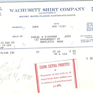 Wachusett Shirt Co Ropa 1941 Recibo con membrete original Billhead D8-LL
