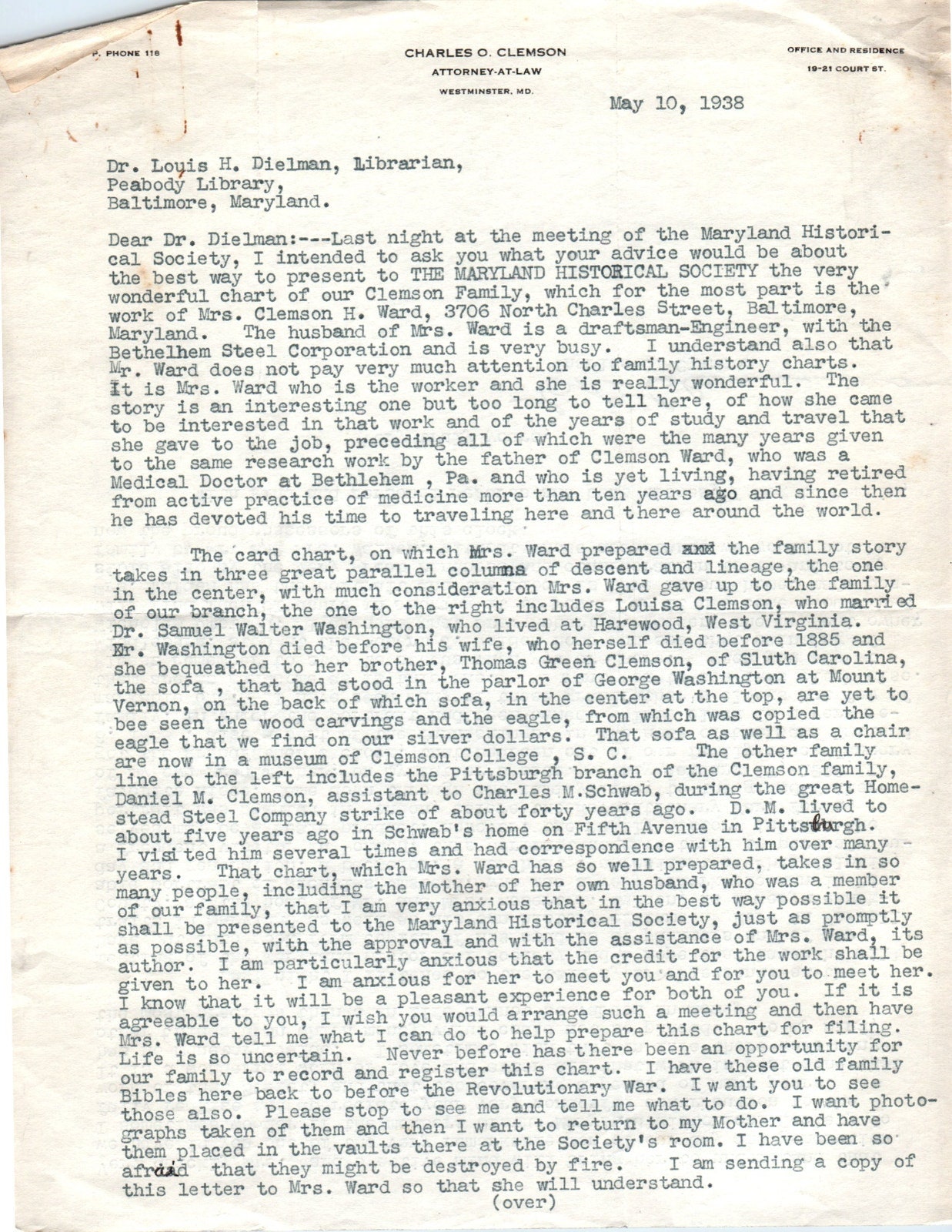 1938 Charles O. Clemson Attorney Westminster MD - Louis H. Dielman D18