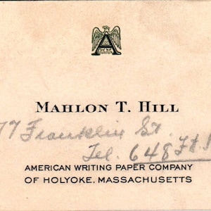 Carte de visite vintage Mahlon T. Hill American Writing Paper Co Holyoke MA TK2-CC
