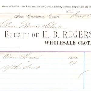 1875 HB Rogers & Co Clothiers New Canaan CT Recibo Membrete D24