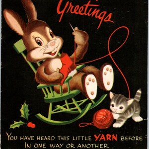 Carte de voeux pop-up de Noël 1953, lapin dans un fauteuil à bascule, fil chaton AE2