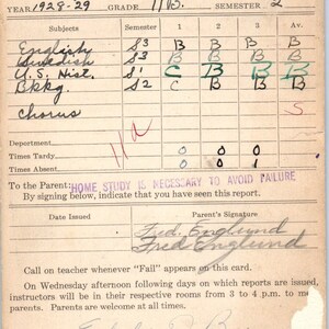 1928-29 Boleta de calificaciones de la escuela secundaria North Minneapolis MN Elsie Englund AE2