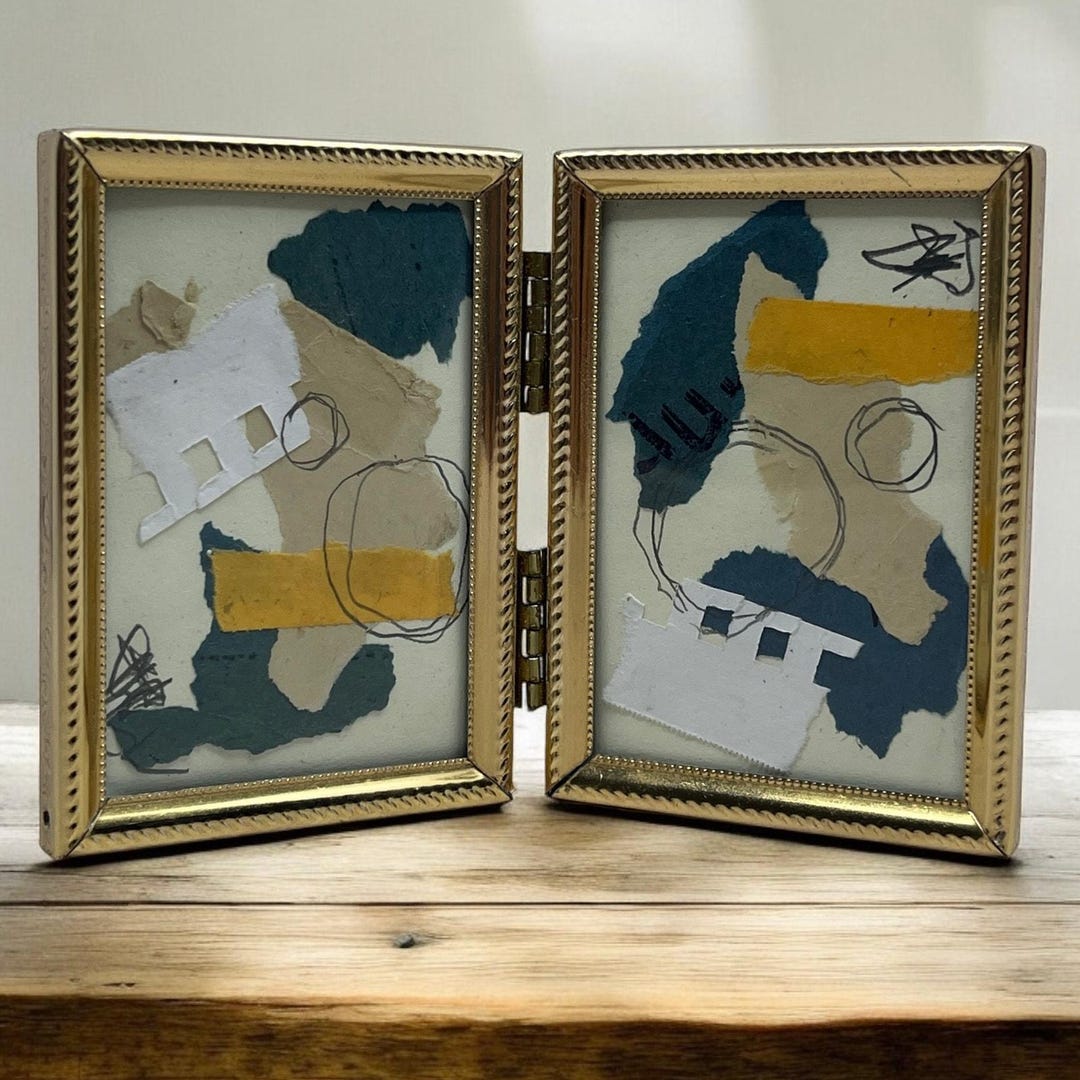 Original Framed Mixed Media Art Collage Mini 3.5x5 "navy Construct V ...