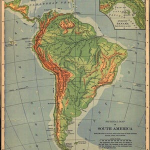 Carte physique de l'Amérique du Sud 1901 Carte V14-1