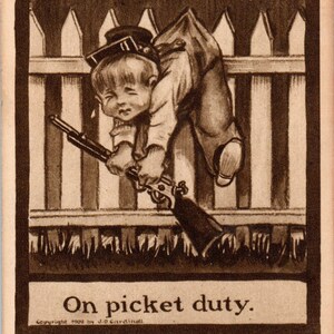 1909 Auf Streikposten Dienst kleiner Junge Illustration Humor J.D. Cardinell Postkarte PD2