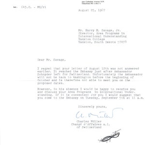 Memo oficial membretado de la Embajada de Suiza Charles Muller 25/9/67 TK1-P7